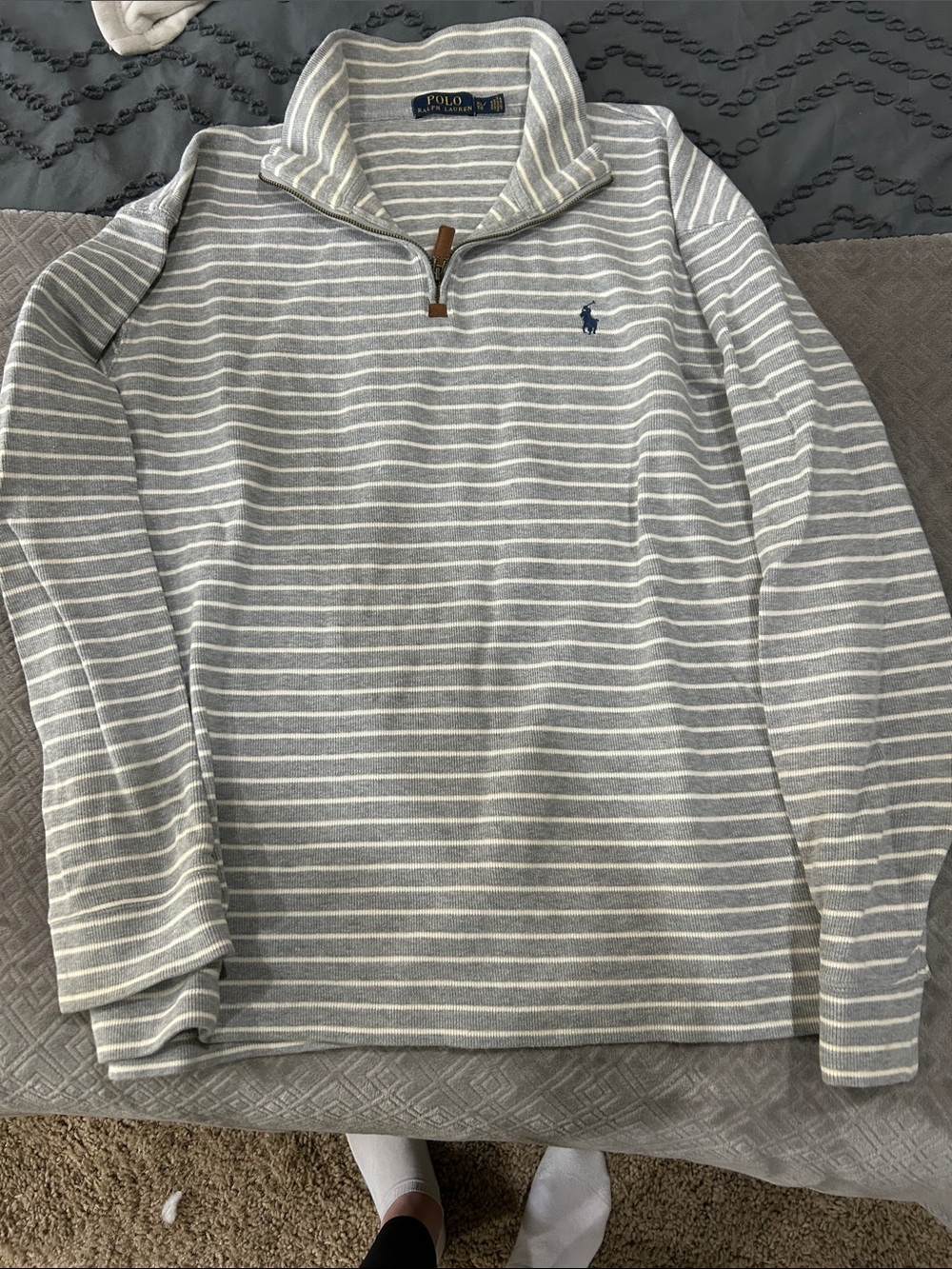 Ralph Lauren Gray & White Striped 1/4 Zip Sweater